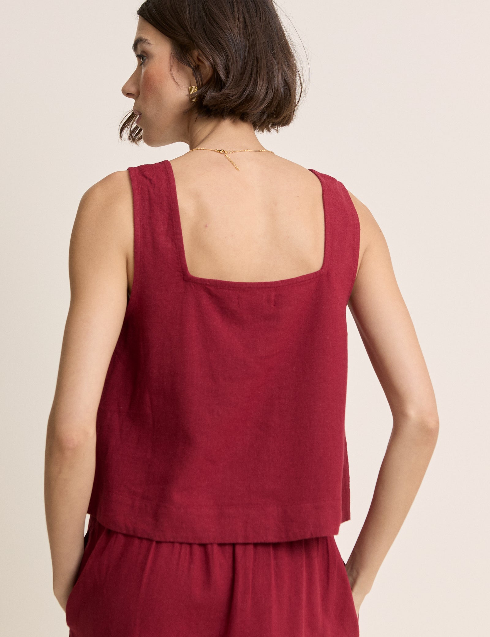 Red Linen-Blend Swing Top