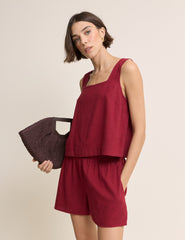 Red Linen-Blend Swing Top