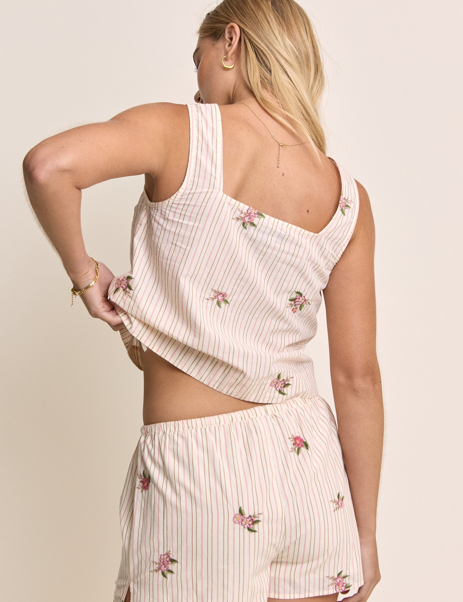 Light Pink Striped Embroidered Swing Top