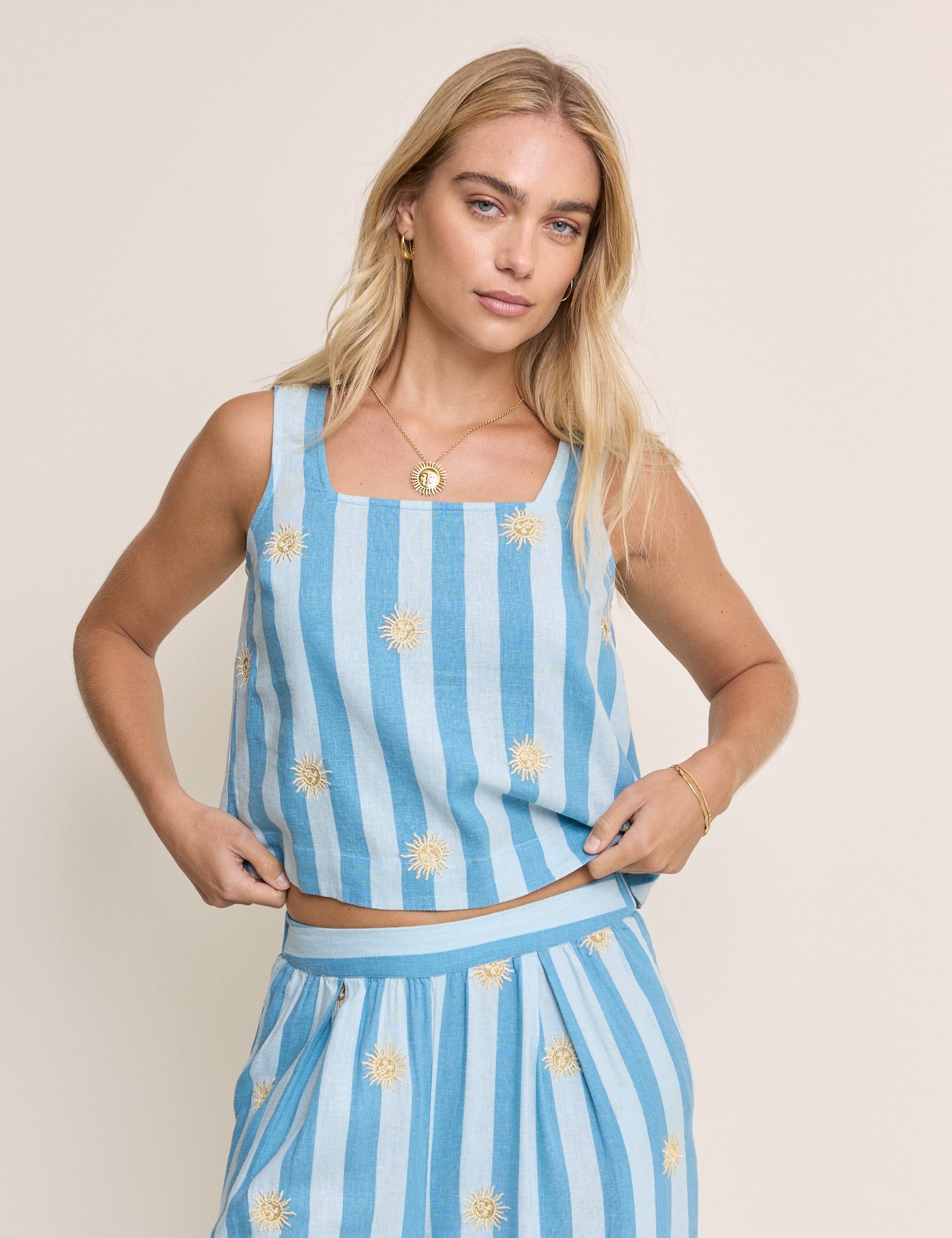 Blue Striped Linen-Blend Top & Trousers Set