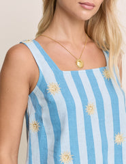 Blue Striped Embroidered Linen-Blend Top