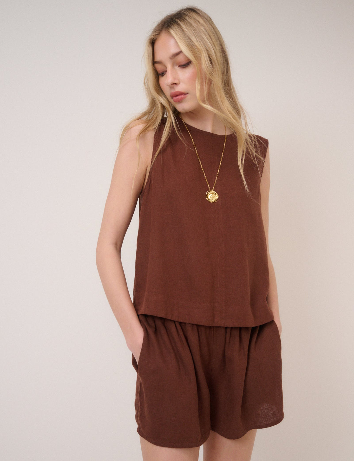 Brown Linen-Blend Sleeveless Swing Top