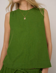 Green Linen-Blend Sleeveless Swing Top