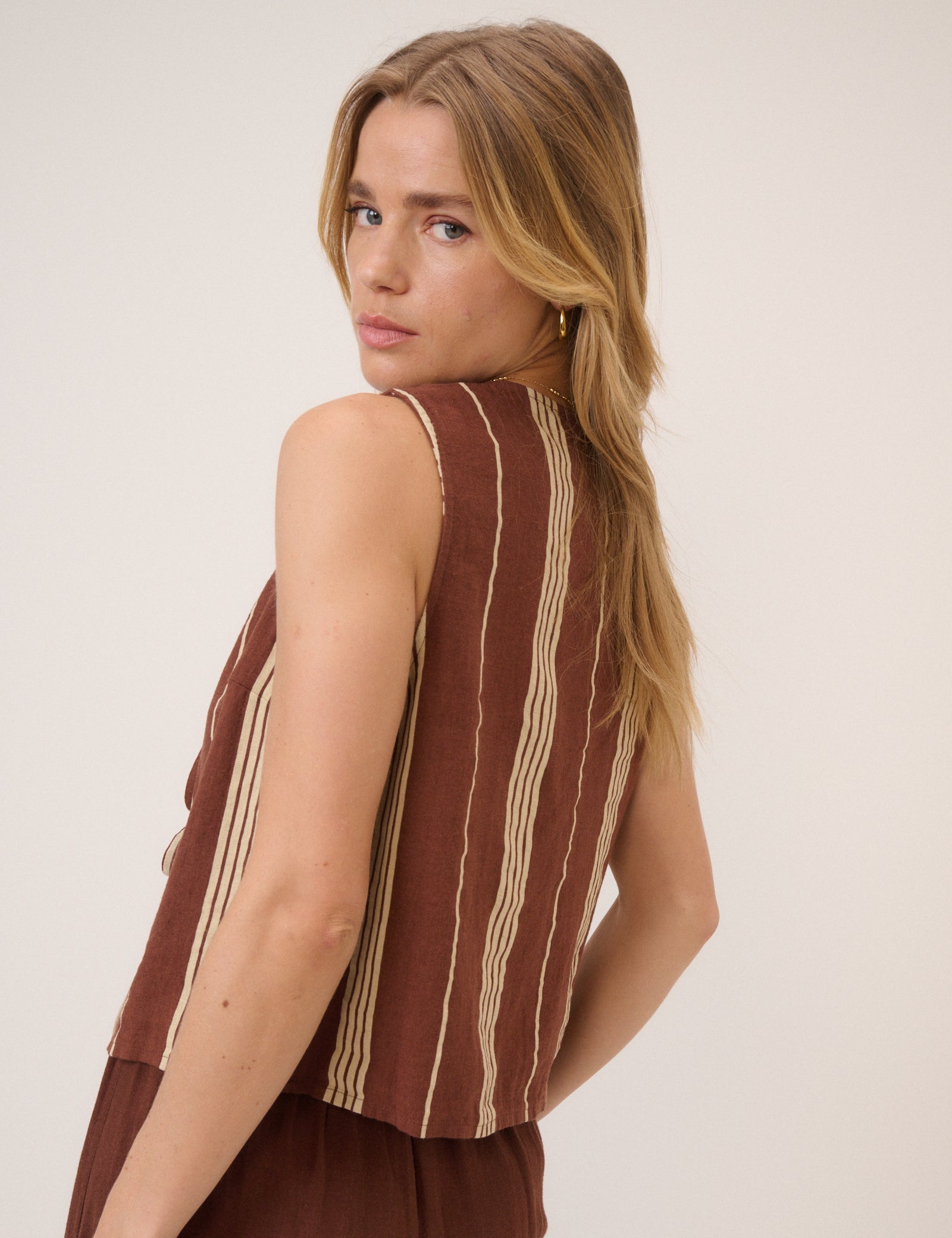 Brown Striped Linen-Blend Tie Front Tessa Top