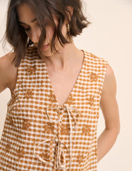Orange Gingham Floral Tie Front Tessa Top