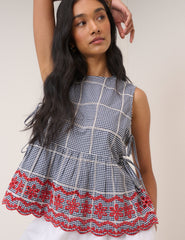 Black Gingham Embroidered Top