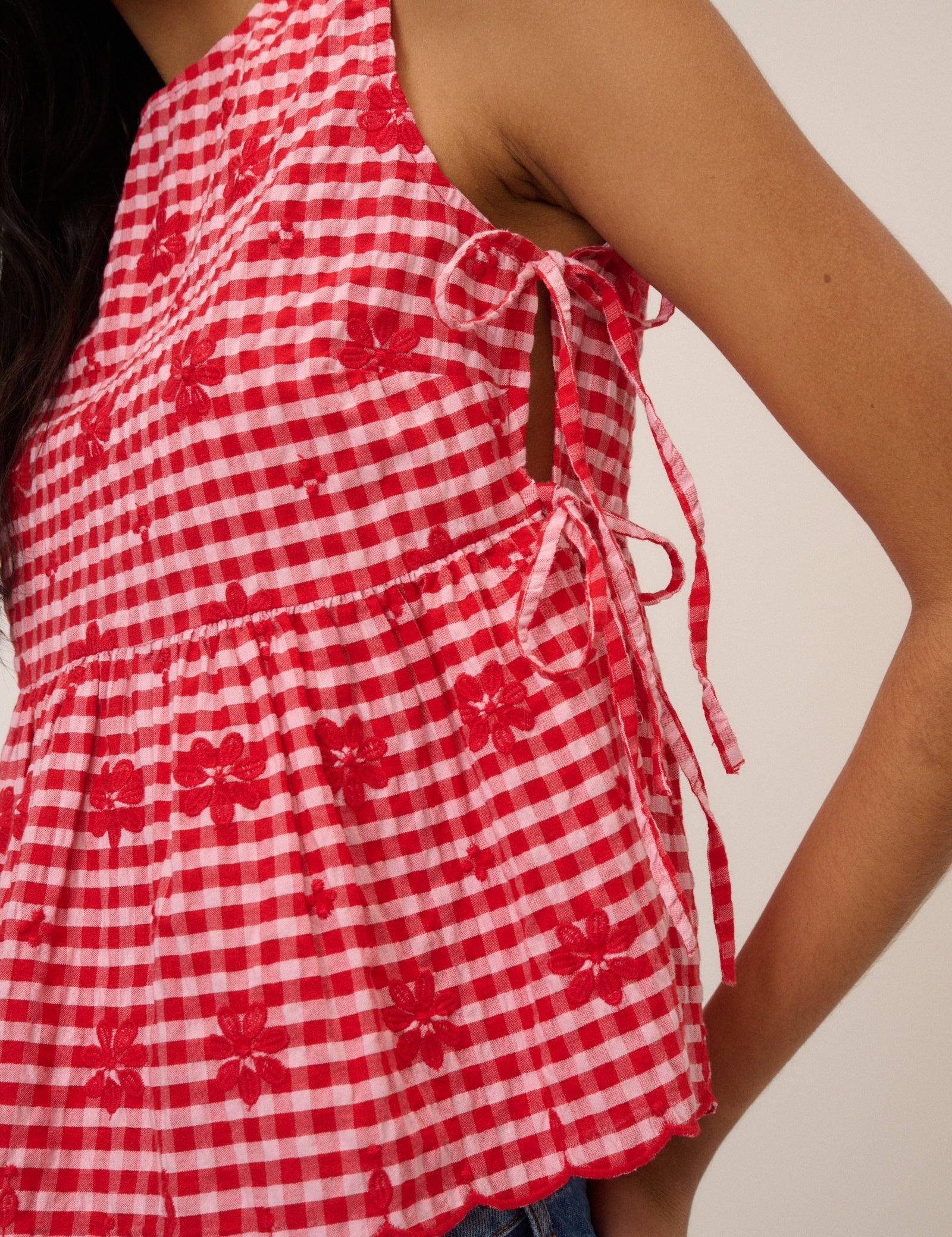 Red Gingham Sleeveless Tie Side Top