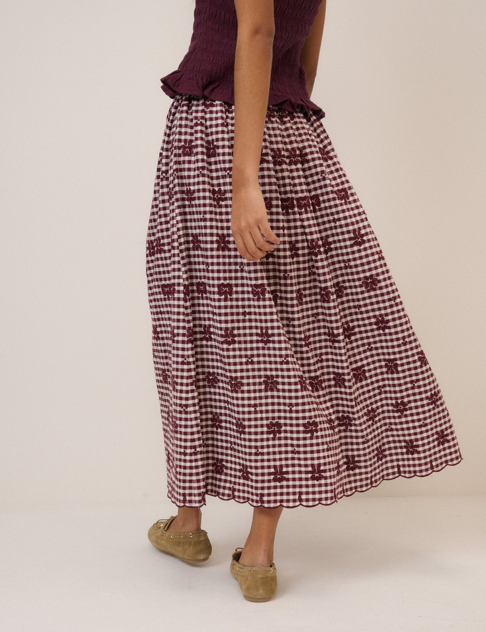 Burgundy Gingham Naples Midi Skirt