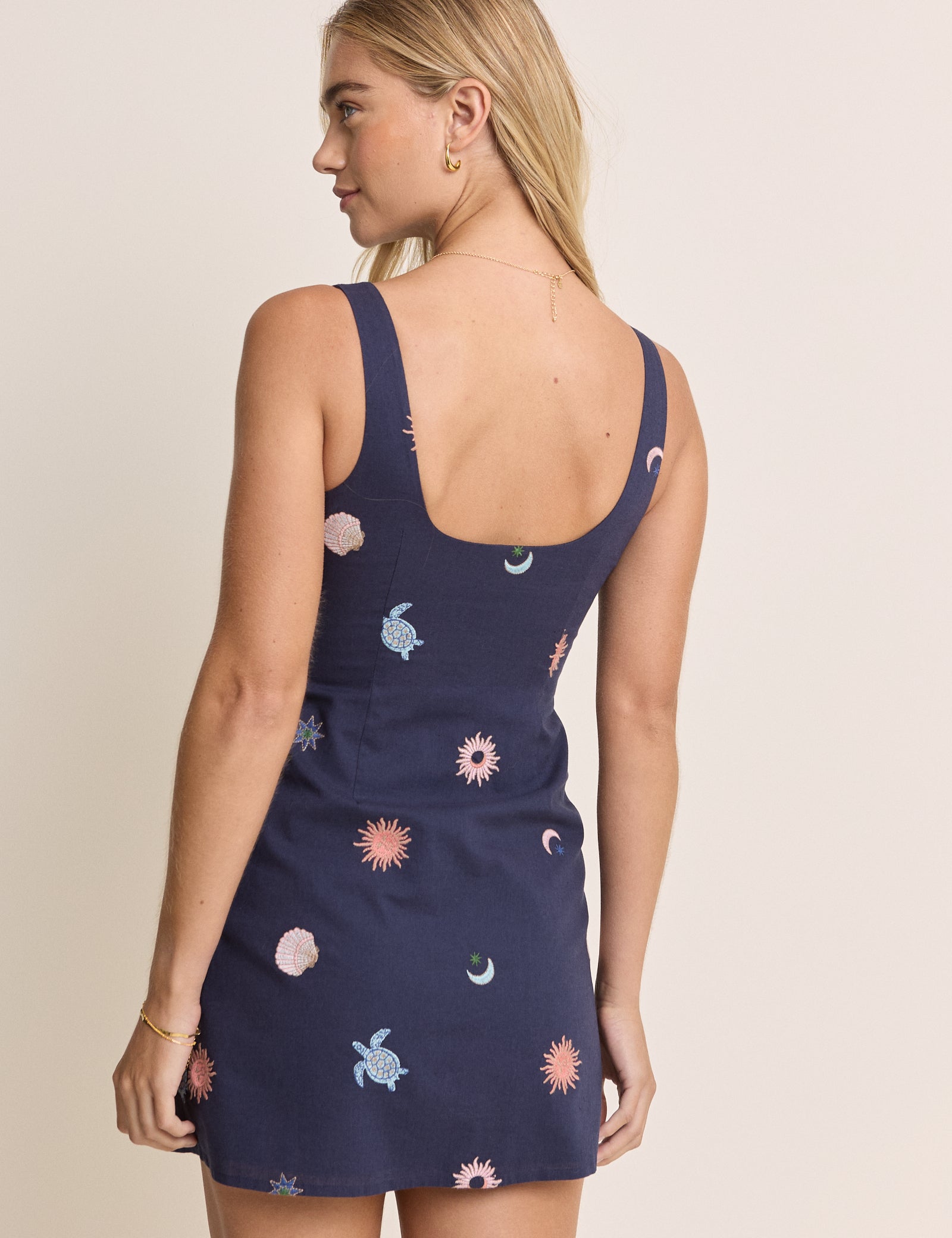 Navy Embroidered Connie Shift Mini Dress