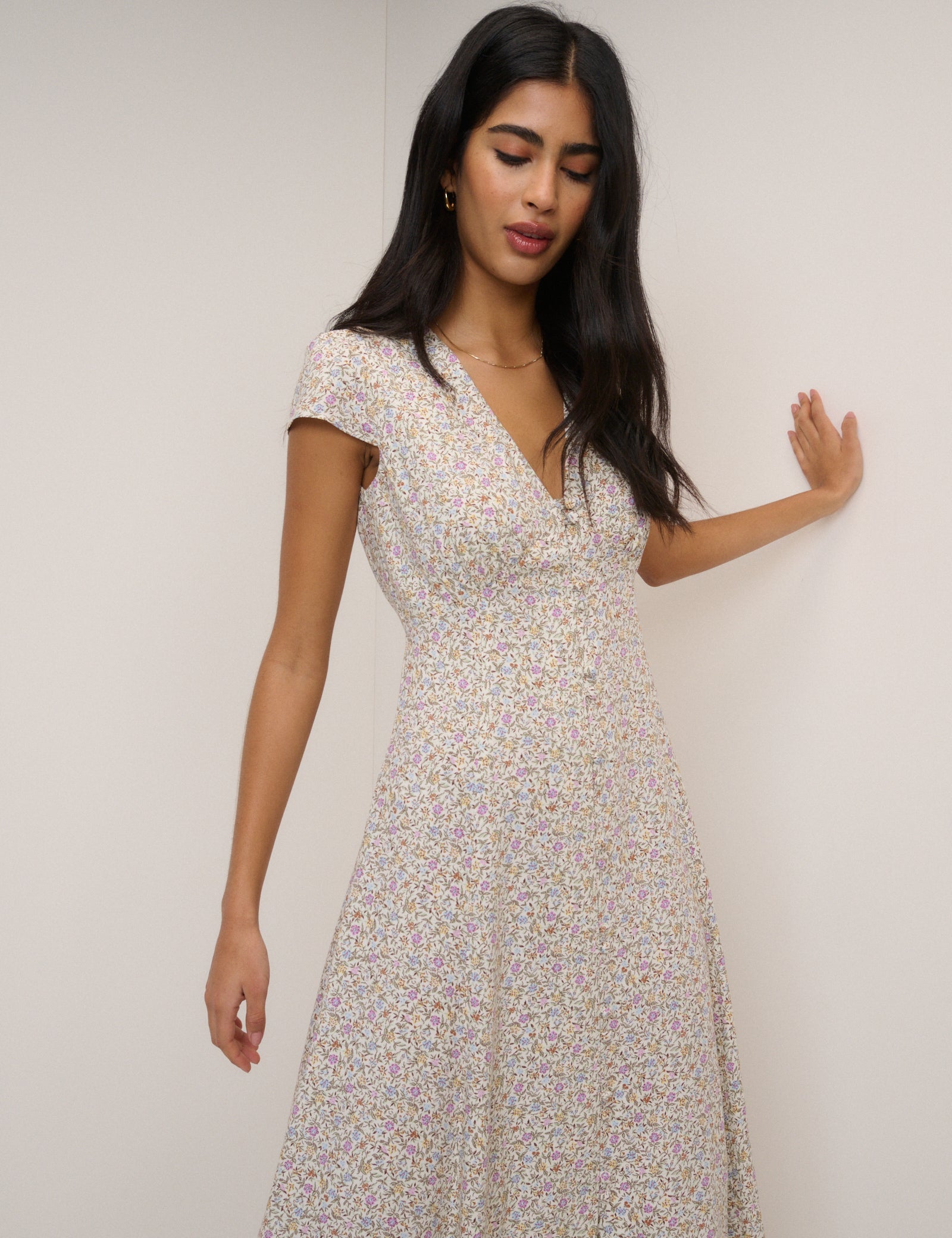 White Ditsy Floral Avery Midi Dress