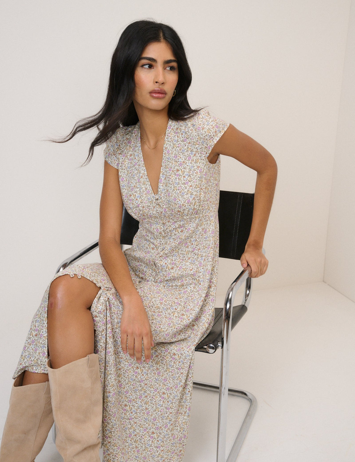 White Ditsy Floral Avery Midi Dress