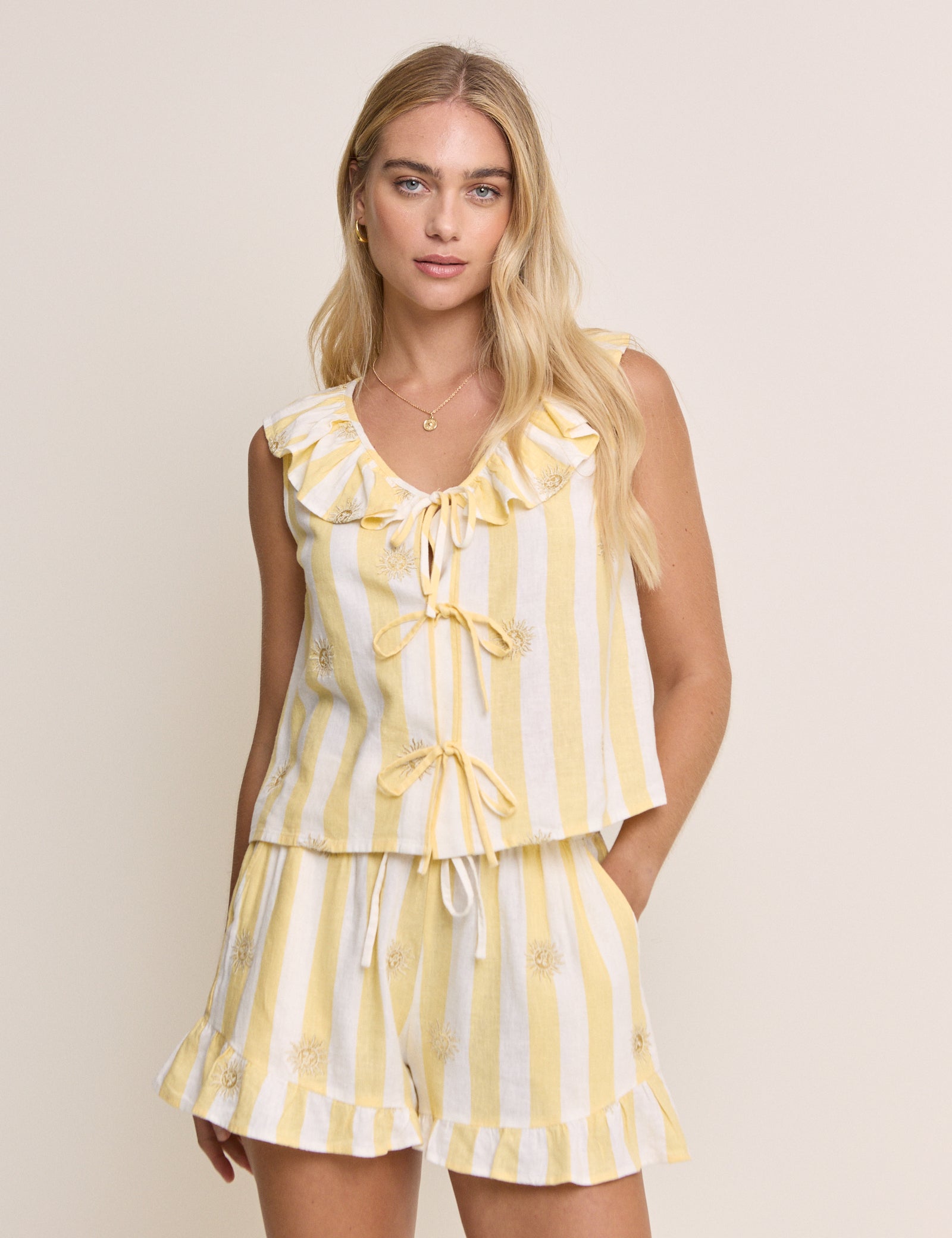 Yellow Striped Tie Front Linen-Blend Top