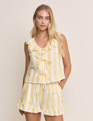Yellow Striped Tie Front Linen-Blend Top