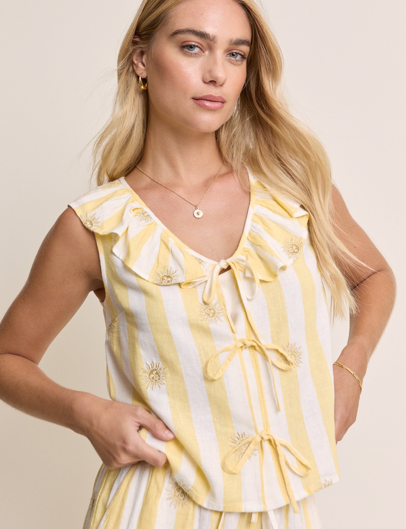 Yellow Striped Linen-Blend Top & Short Set