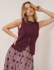 Burgundy Button Through Sleeveless Knitted Top