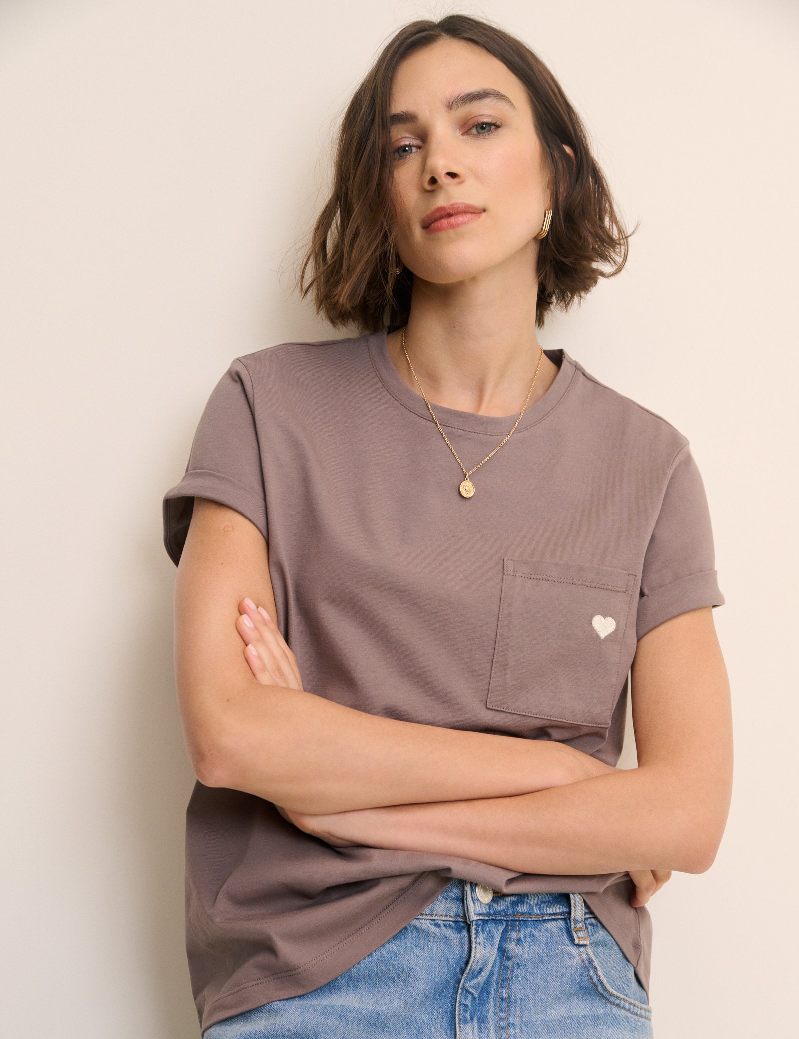Brown Heart Embroidered T-Shirt