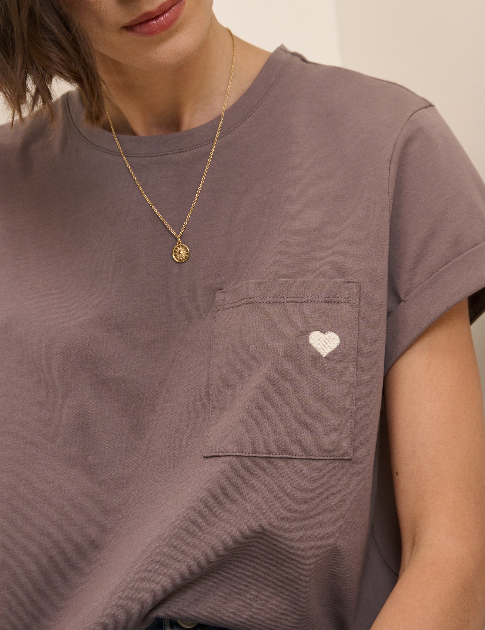 Brown Heart Embroidered T-Shirt