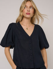 Navy Linen-Blend Puff Sleeve Top
