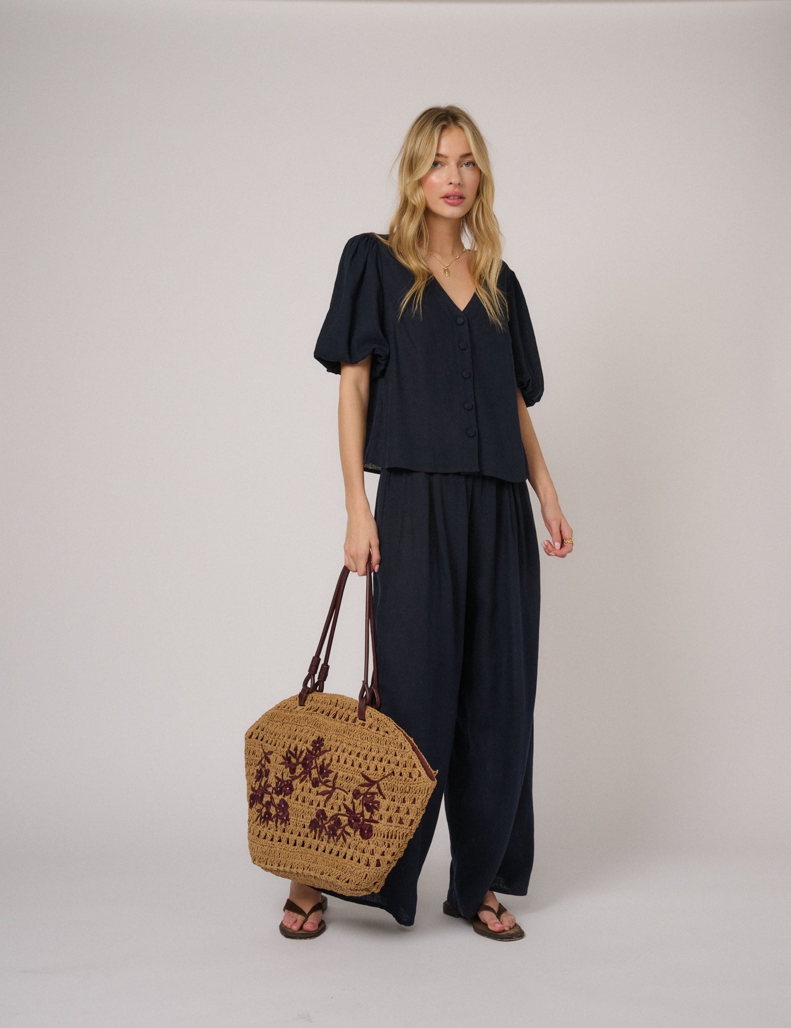Navy Linen-Blend Puff Sleeve Top