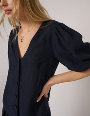 Navy Linen-Blend Puff Sleeve Top