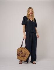 Navy Linen-Blend Puff Sleeve Top