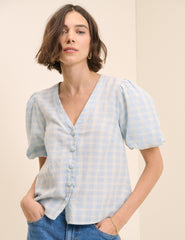 Blue Gingham Puff Sleeve Top