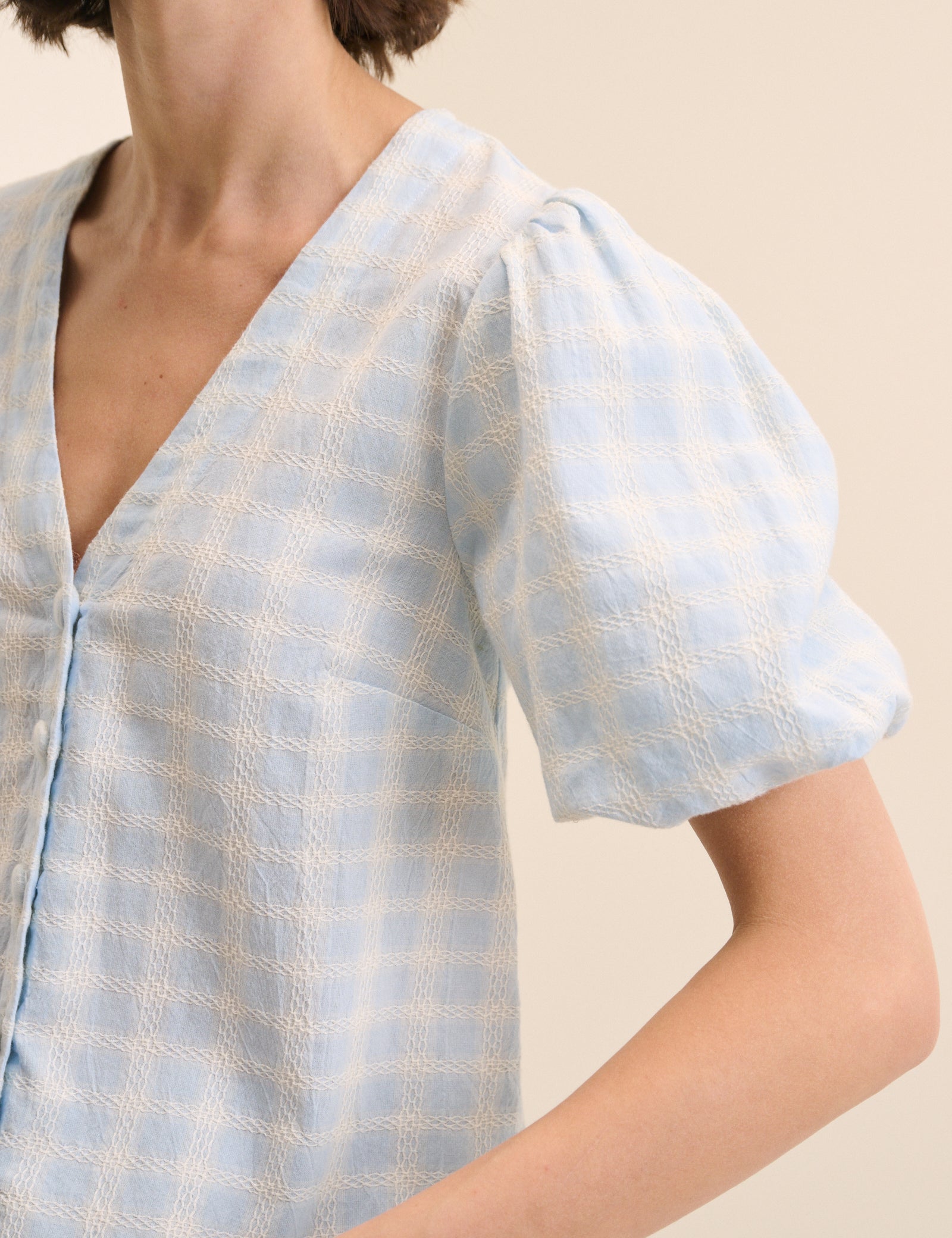 Blue Gingham Puff Sleeve Top