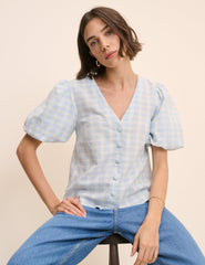 Blue Gingham Puff Sleeve Top