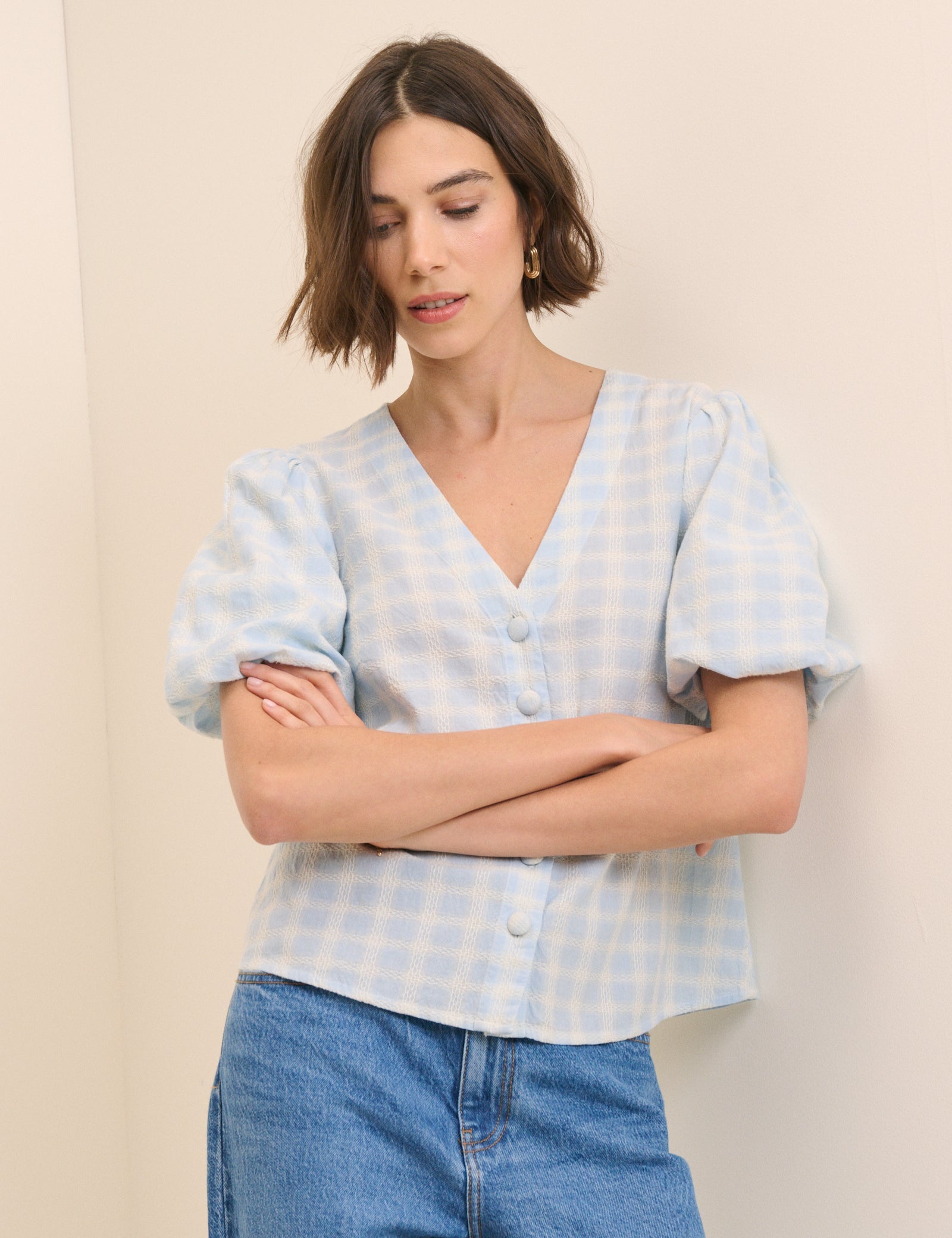 Blue Gingham Puff Sleeve Top