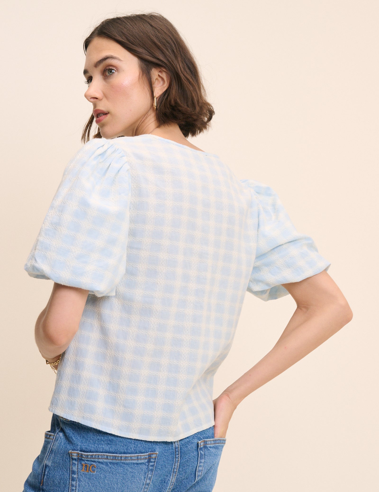 Blue Gingham Puff Sleeve Top
