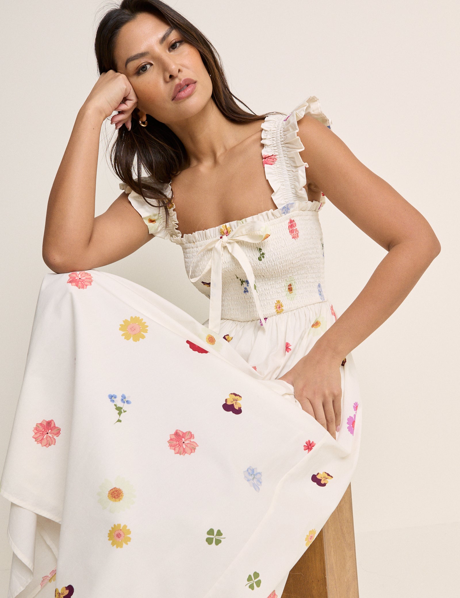 White Floral Shirred Christina Midi Dress