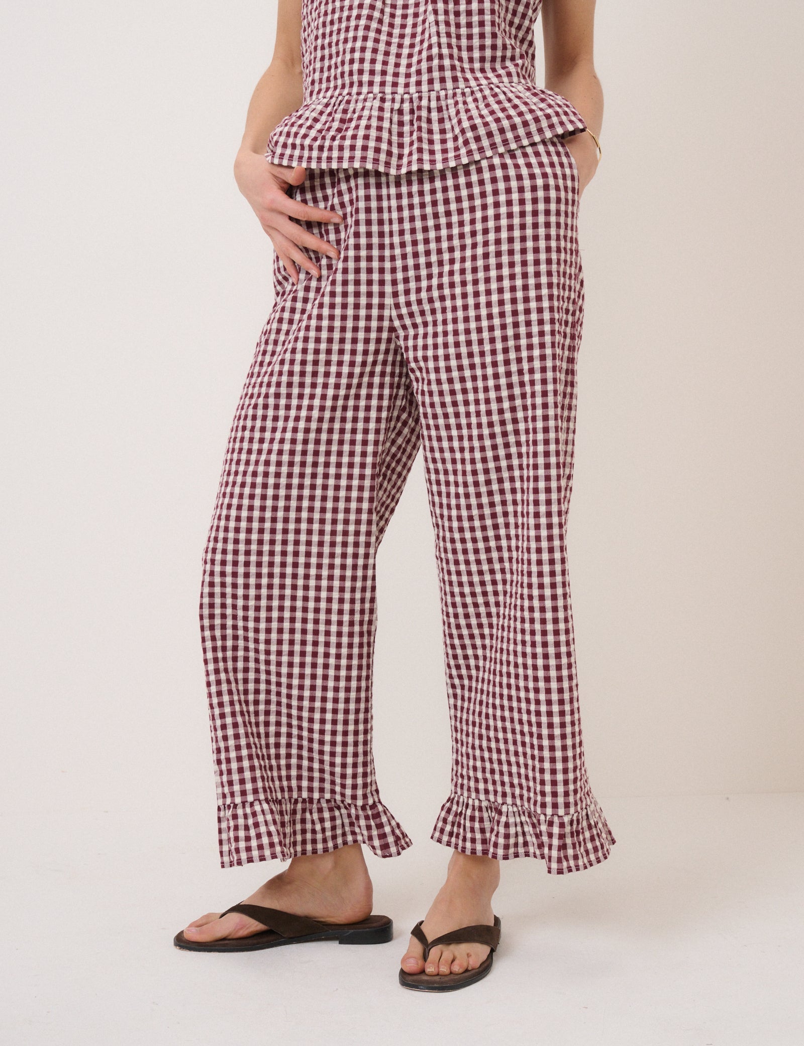Burgundy Gingham Frill Hem Trousers