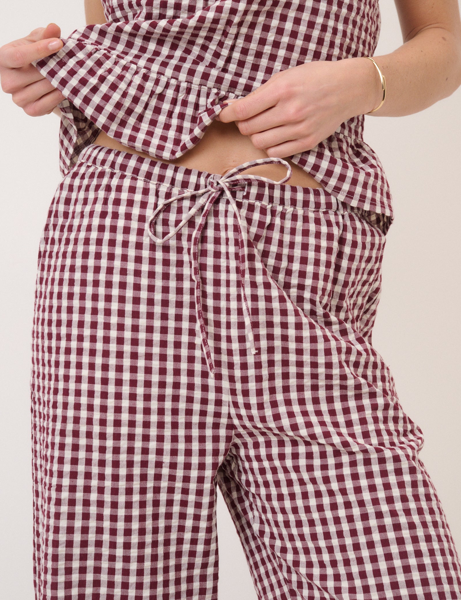 Burgundy Gingham Frill Hem Trousers