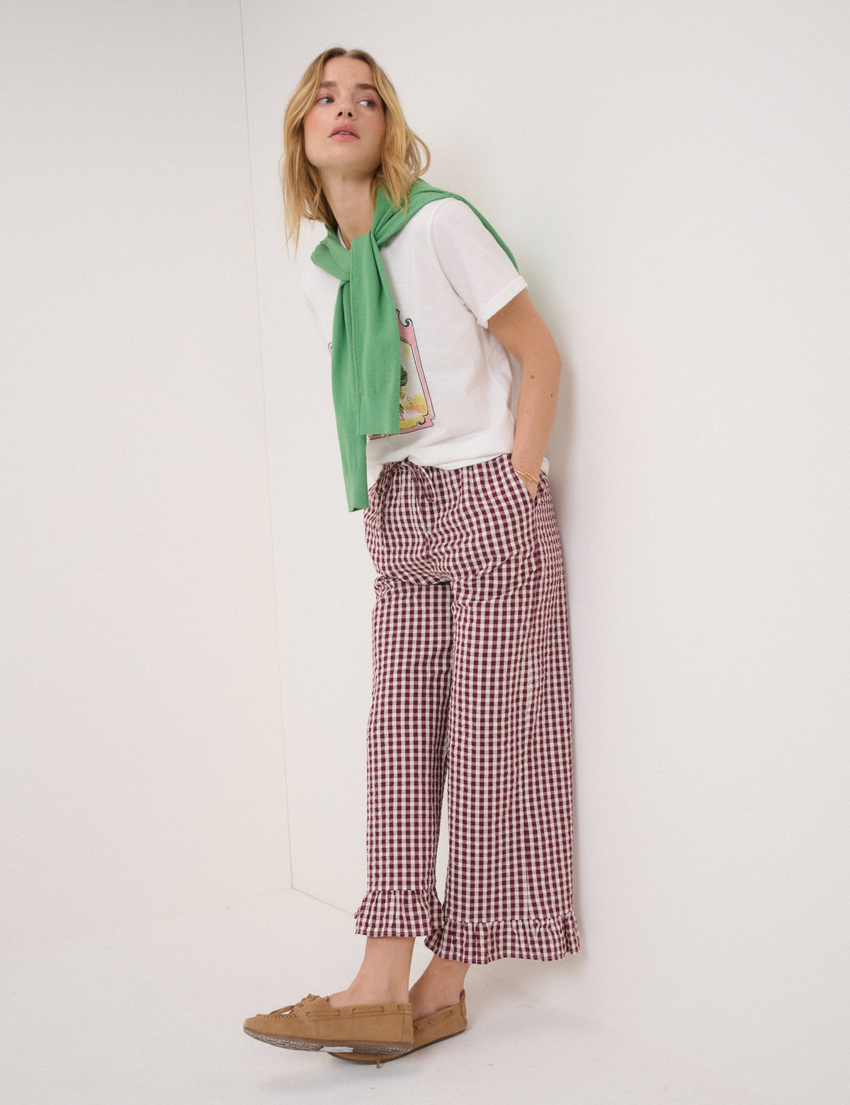 Burgundy Gingham Frill Hem Trousers