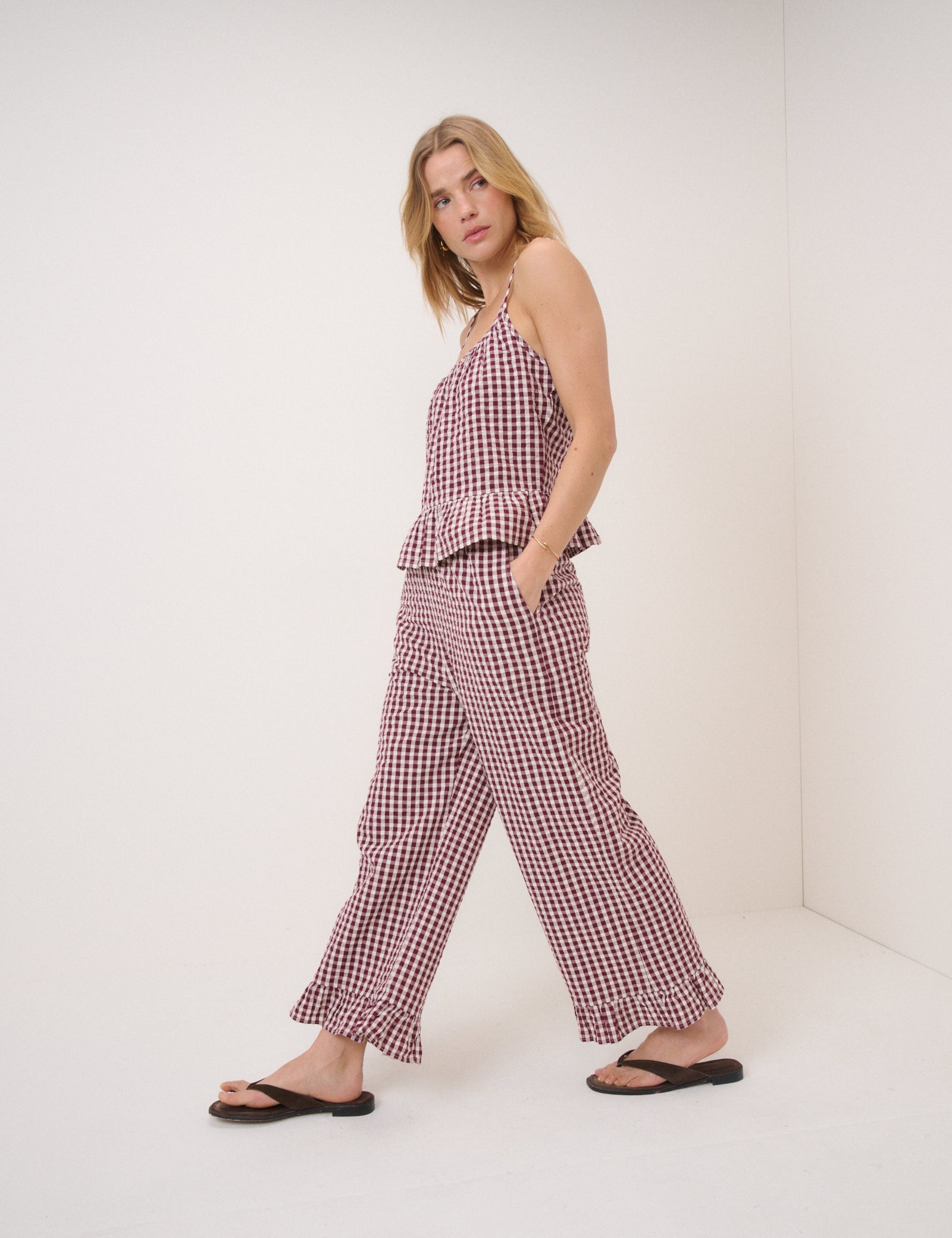 Burgundy Gingham Frill Hem Trousers