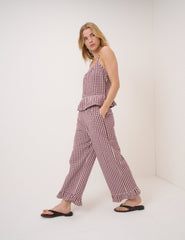 Burgundy Gingham Frill Hem Trousers