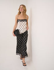 Black Polka Dot Satin Mila Midi Skirt