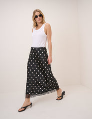 Black Polka Dot Satin Mila Midi Skirt