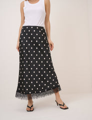 Black Polka Dot Satin Mila Midi Skirt
