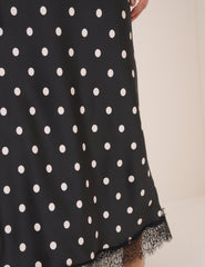 Black Polka Dot Satin Mila Midi Skirt