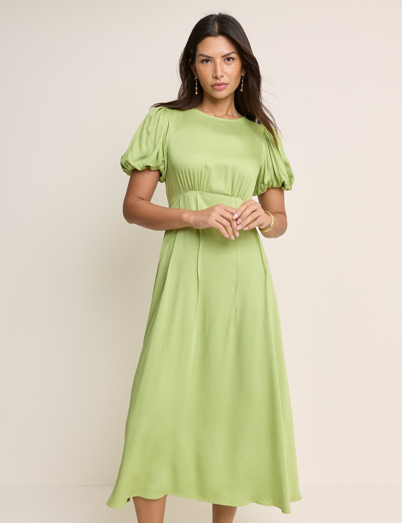 Green Puff Sleeve Quinn Midi Dress