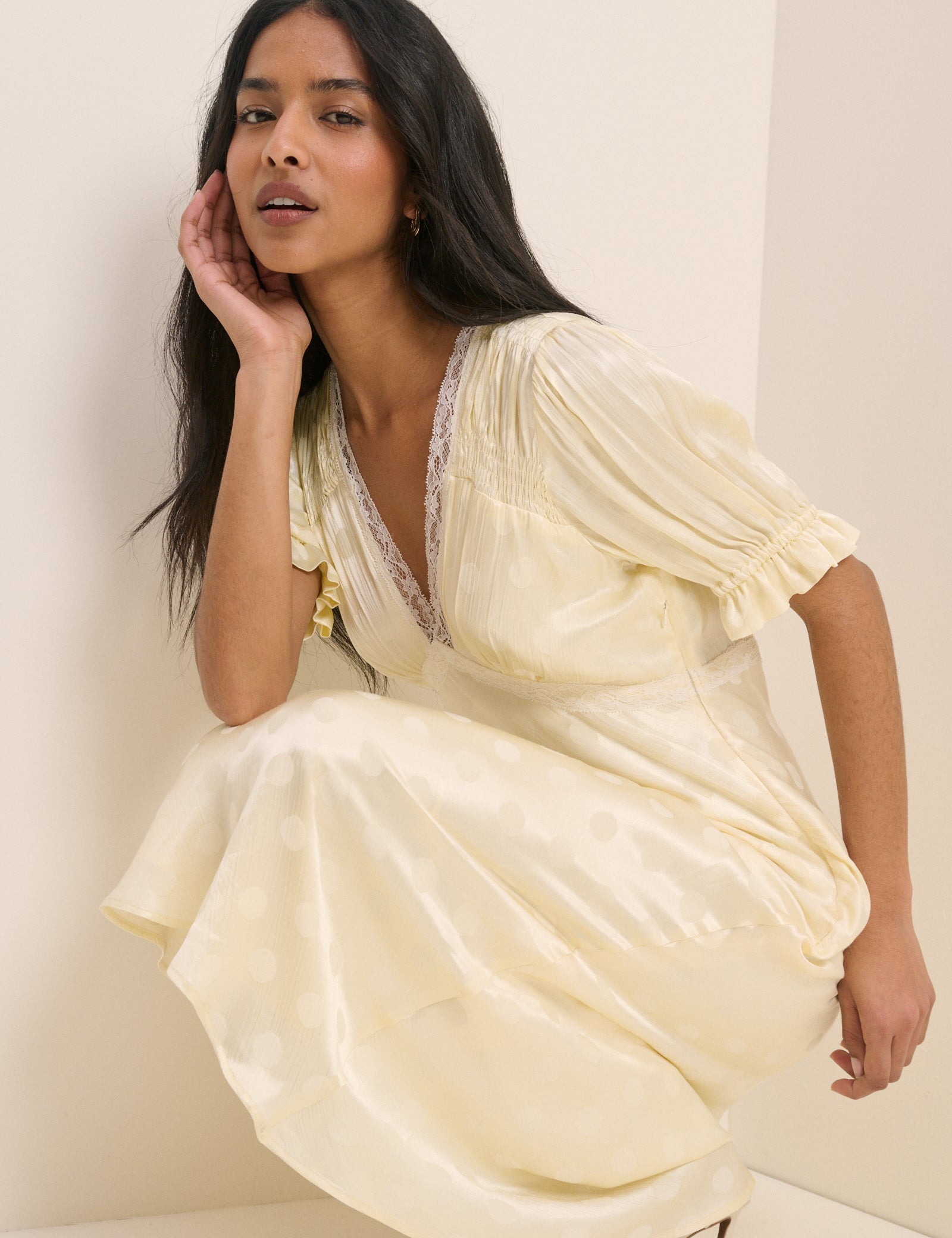 Butter Yellow Polka Dot Satin Angela Midi Dress