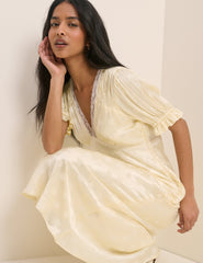 Butter Yellow Polka Dot Satin Angela Midi Dress