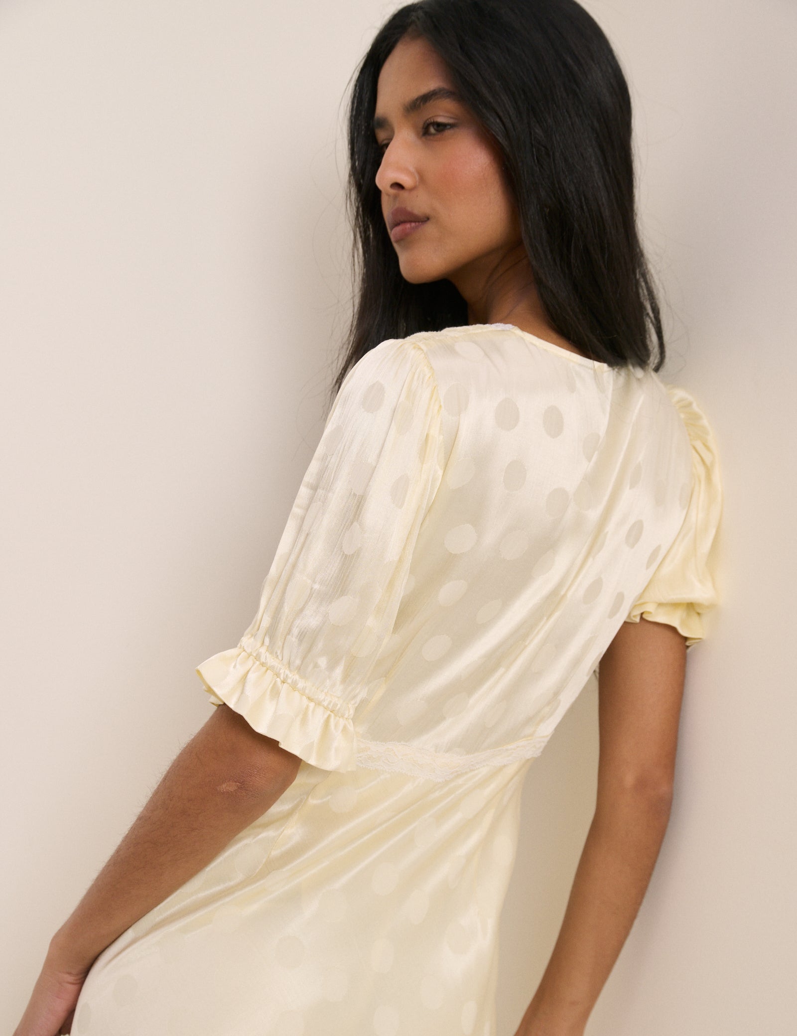 Butter Yellow Polka Dot Satin Angela Midi Dress
