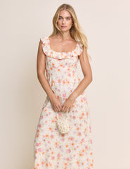 Cream Floral Ruffle Trim Libby Midi Dress