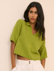 Green Open Collar Polo Knitted Top