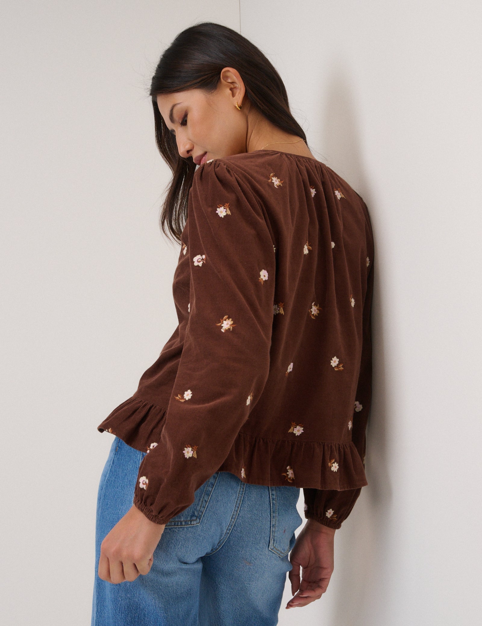Brown Cord Floral Embroidered Frill Blouse