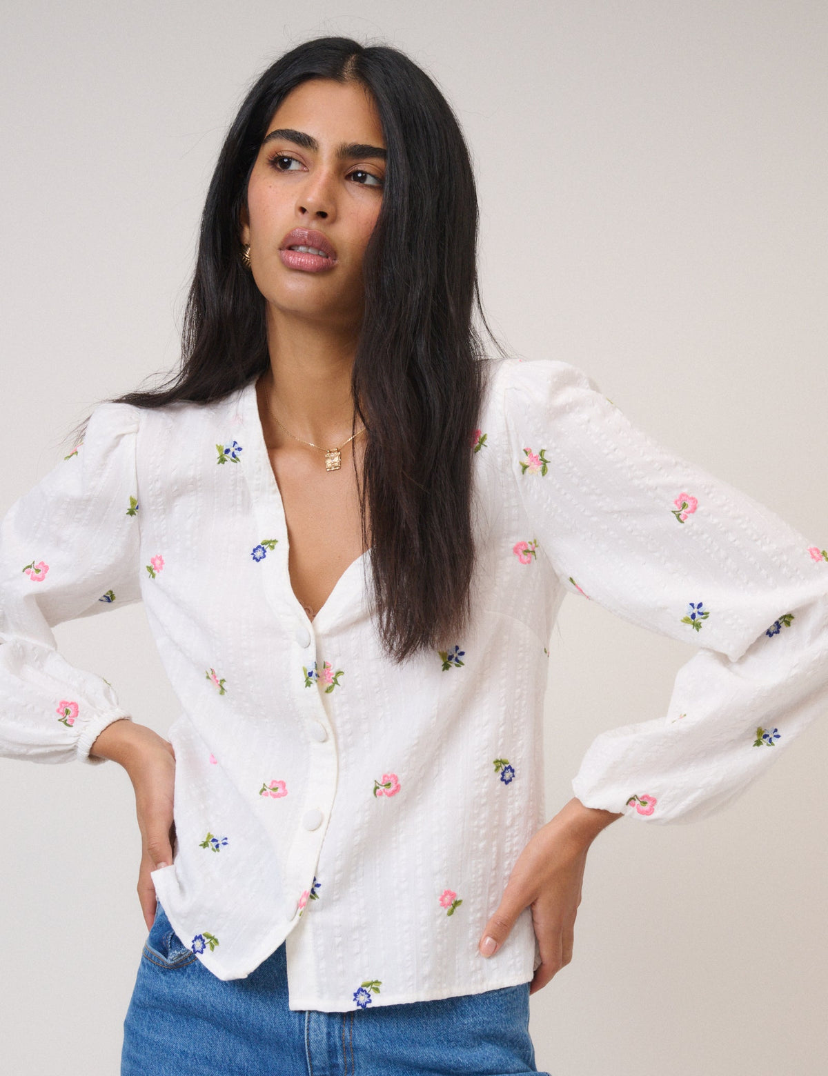 White Floral Embroidered Blouse