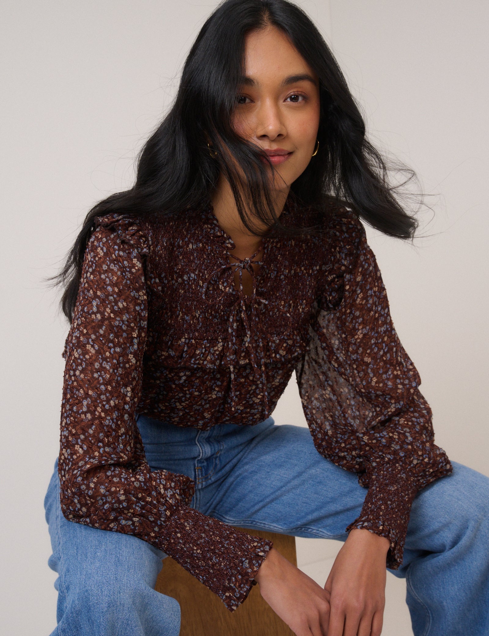 Brown Ditsy Floral Blouson Sleeve Blouse