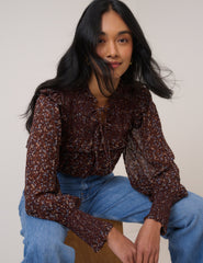 Brown Ditsy Floral Blouson Sleeve Blouse